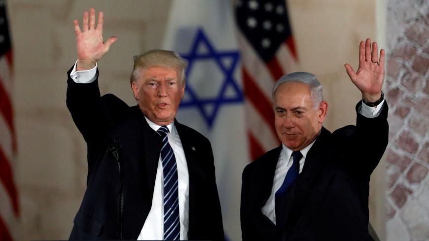 U.S. President Donald Trump and Israeli Prime Minister Benjamin Netanyahu wave after Trump's address at the Israel Museum in Jerusalem May 23, 2017. REUTERS/Ronen Zvulun - RC178796AE40