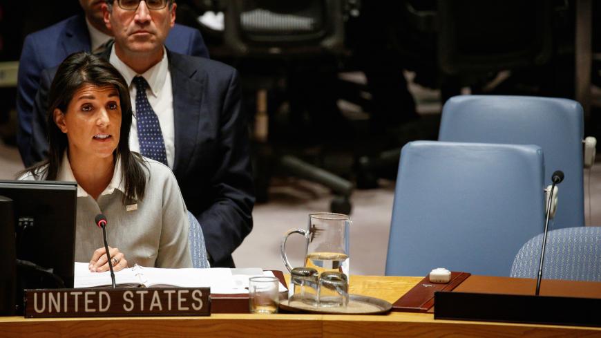 United States ambassador to the United Nations Nikki Haley addresses the U.N. Security Council meeting on the situation in the Middle East, including the Palestine, at the United Nations Headquarters in New York, U.S., December 8, 2017. REUTERS/Brendan McDermid - RC1606383520