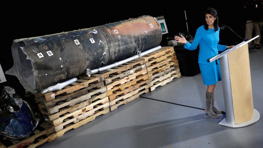 U.S. Ambassador to the United Nations Nikki Haley briefs the media in front of remains of Iranian "Qiam" ballistic missile provided by Pentagon at Joint Base Anacostia-Bolling in Washington, U.S., December 14, 2017. REUTERS/Yuri Gripas     TPX IMAGES OF THE DAY - RC1F4A4BF4D0