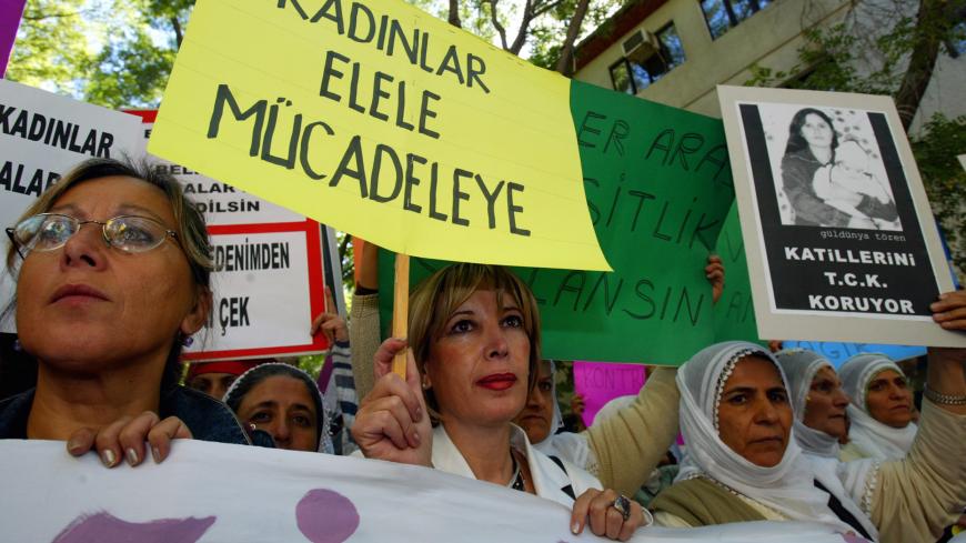 Turkish women from different cities join a demonstration against the adultery ban in Ankara, September 14, 2004. The Turkish parliament meets in an extraordinary session on Tuesday to push through a massive series of amendments to the country's penal code. Most of the 348 articles of the penal code are to be changed under the draft legislation tabled by the ruling Justice and Development Party, including the amendment that is making adultery a criminal offence. REUTERS/Umit Bektas  UB/GB - RP5DRIAIJWAA