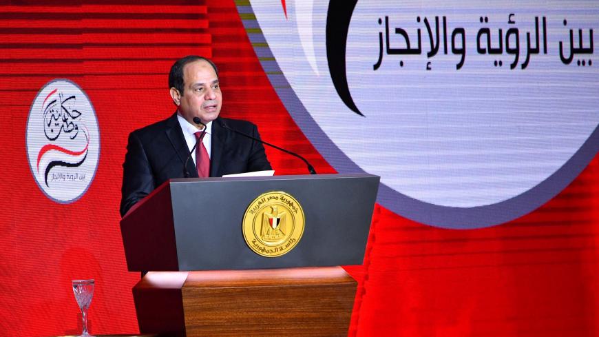 Egyptian President Abdel Fattah al-Sisi speaks during the closing session of "Tale of a Homeland" conference and announces intention to run for a second term in Cairo, Egypt, January 19, 2018 in this handout picture courtesy of the Egyptian Presidency. The Egyptian Presidency/Handout via REUTERS ATTENTION EDITORS - THIS IMAGE WAS PROVIDED BY A THIRD PARTY - RC1C80360640