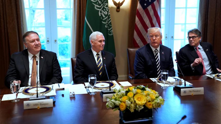 U.S. President Donald Trump, flanked by Central Intelligence Agency (CIA) Director Mike Pompeo, ?Vice President Mike Pence? and Energy Secretary†Rick Perry, hosts Saudi Arabia's Crown Prince Mohammed bin Salman for a working lunch at the White House in Washington, U.S. March 20, 2018.  REUTERS/Jonathan Ernst - RC12317C6820