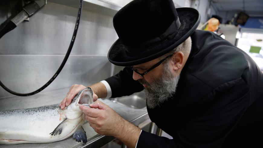 Kosher inspector Aaron Wulkan examines a fish in the kitchen of a catering business to check that it is kosher, ensuring that the food is stored and prepared according to Jewish regulations and customs, in Bat Yam, Israel October 31, 2016. Picture taken October 31, 2016. REUTERS/Baz Ratner - S1BEUKRRAFAB