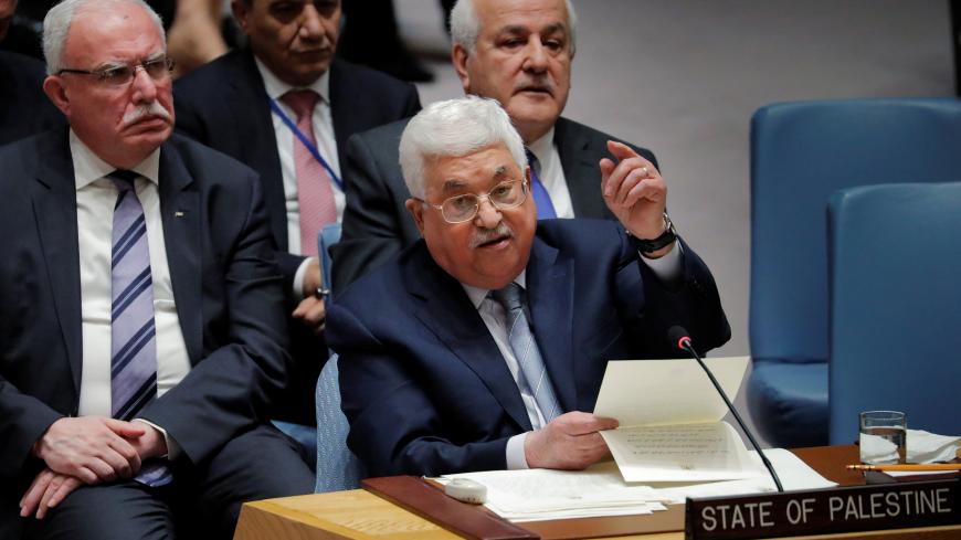 Palestinian President Mahmoud Abbas speaks during a meeting of the UN Security Council at UN headquarters in New York, U.S., February 20, 2018. REUTERS/Lucas Jackson - RC1A9D8FCE50