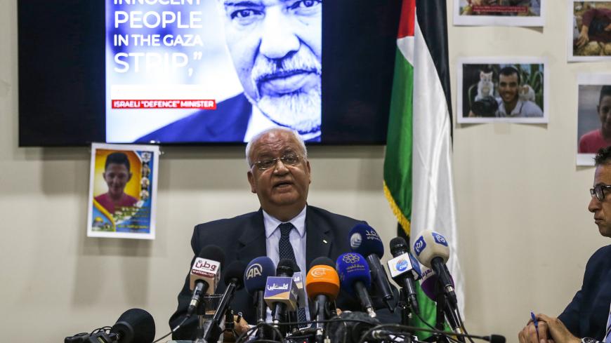 Saeb Erekat, secretary general of the Palestine Liberation Organisation, speaks to journalists during a press conference in the West Bank city of Ramallah on April 21, 2018. (Photo by ABBAS MOMANI / AFP)        (Photo credit should read ABBAS MOMANI/AFP/Getty Images)