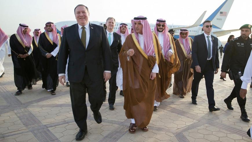 U.S. Secretary of State Mike Pompeo walks with Saudi's Foreign Minister Adel Al-Jubeir upon his arrival in Riyadh, Saudi Arabia April 28, 2018. Saudi Press Agency/Handout via REUTERS ATTENTION EDITORS - THIS PICTURE WAS PROVIDED BY A THIRD PARTY - RC1F96F4FE60