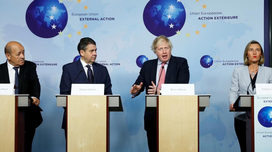 Britain's Foreign Secretary Boris Johnson attends a news conference with French Foreign Minister Jean-Yves Le Drian, German counterpart Sigmar Gabriel and European Union's foreign policy chief Federica Mogherini after meeting Iran's Foreign Minister Mohammad Javad Zarif (unseen) in Brussels, Belgium January 11, 2018. REUTERS/Francois Lenoir - RC1D1AB58660