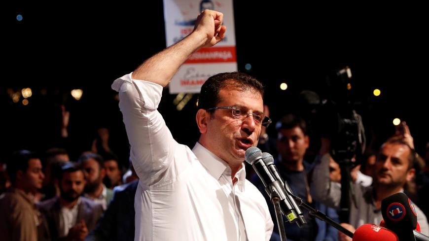 Ekrem Imamoglu of the main opposition Republican People's Party (CHP), who was elected mayor after the March 31 elections, addresses his supporters after the High Election Board (YSK) decided to re-run the mayoral election, in Istanbul, Turkey, May 6, 2019. REUTERS/Murad Sezer - RC134ED8A270