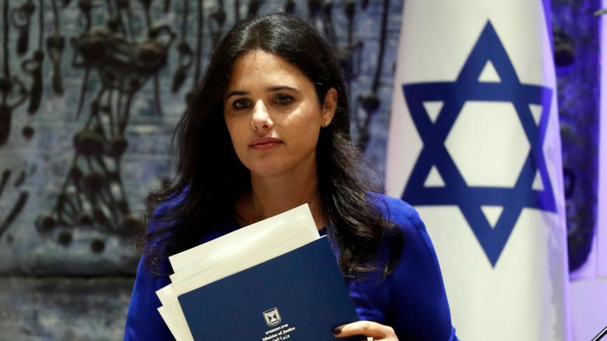 Israeli Justice minister Ayelet Shaked delivers a speech during the swearing-in ceremony for the incoming Israeli president of the Supreme Court, Esther Hayut, at the Israeli Presidential residence in Jerusalem on October 26, 2017.  / AFP PHOTO / THOMAS COEX        (Photo credit should read THOMAS COEX/AFP/Getty Images)
