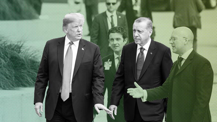 BRUSSELS, BELGIUM - JULY 11: US President Donald Trump walks with Turkish President Recep Tayyip Erdogan at the 2018 NATO Summit at NATO headquarters on July 11, 2018 in Brussels, Belgium. Leaders from NATO member and partner states are meeting for a two-day summit, which is being overshadowed by strong demands by U.S. President Trump for most NATO member countries to spend more on defense. (Photo by Jasper Juinen/Getty Images)