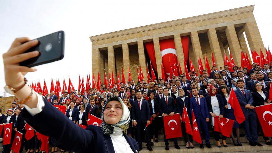 Students pose for a selfie at Anitkabir, the mausoleum of modern Turkey's founder Mustafa Kemal Ataturk, during a Youth and Sports Day celebration in Ankara, Turkey May 19, 2018. REUTERS/Murad Sezer     TPX IMAGES OF THE DAY - RC1A167FE350
