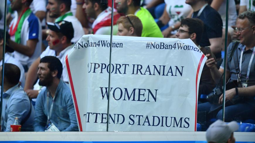 Soccer Football - World Cup - Group B - Morocco vs Iran - Saint Petersburg Stadium, Saint Petersburg, Russia - June 15, 2018   General view of a banner displayed referencing Iranian women during the match   REUTERS/Dylan Martinez - RC1F6A0CB660