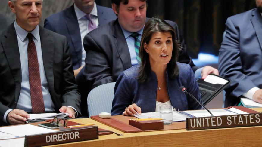 U.S. Ambassador to the United Nations Nikki Haley speaks during a United Nations Security Council meeting at United Nations (U.N.) headquarters in New York City, New York, U.S., August 23, 2018.  REUTERS/Lucas Jackson - RC177F80FC00