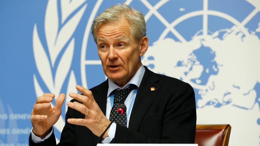 Special Advisor to the United Nations Special Envoy for Syria, Jan Egeland, adresses the media during a news conference in Geneva, Switzerland, April 4, 2018. REUTERS/Pierre Albouy - RC1DA4ACDBC0