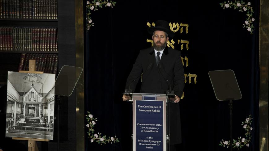 David Lau, Ashkenazi Chief Rabbi of Israel speaks during a Commemoration of the 75th anniversary of the Nazi pogrom Kristallnacht of 9-10 November 1938 in the Beth Zion Synagogue in central Berlin on November 10, 2013. AFP PHOTO / JOHANNES EISELE        (Photo credit should read JOHANNES EISELE/AFP/Getty Images)