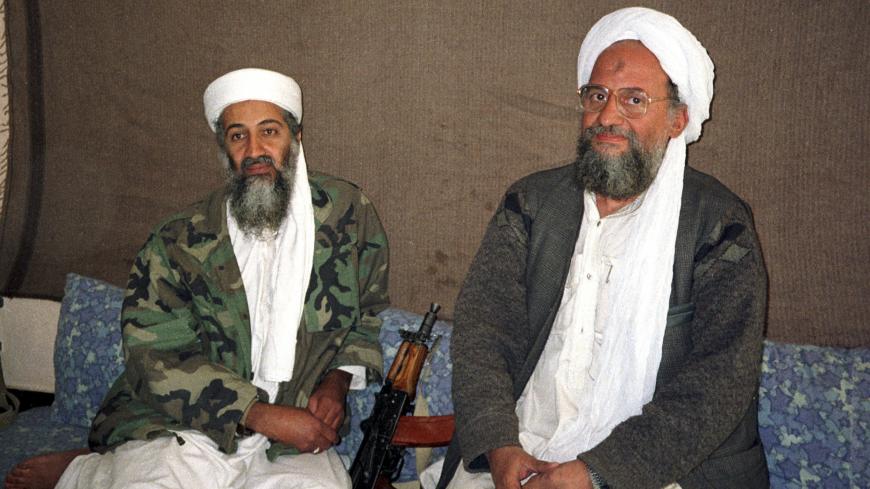 Osama bin Laden (L) sits with his adviser and purported successor Ayman al-Zawahri, an Egyptian linked to the al Qaeda network, during an interview with Pakistani journalist Hamid Mir (not pictured) in an image supplied by the respected Dawn newspaper November 10, 2001. Al Qaeda's elusive leader Osama bin Laden was killed in a mansion outside the Pakistani capital Islamabad, U.S. President Barack Obama said on May 1, 2011.   REUTERS/Hamid Mir/Editor/Ausaf Newspaper for Daily Dawn (AFGHANISTAN - Tags: POLITI