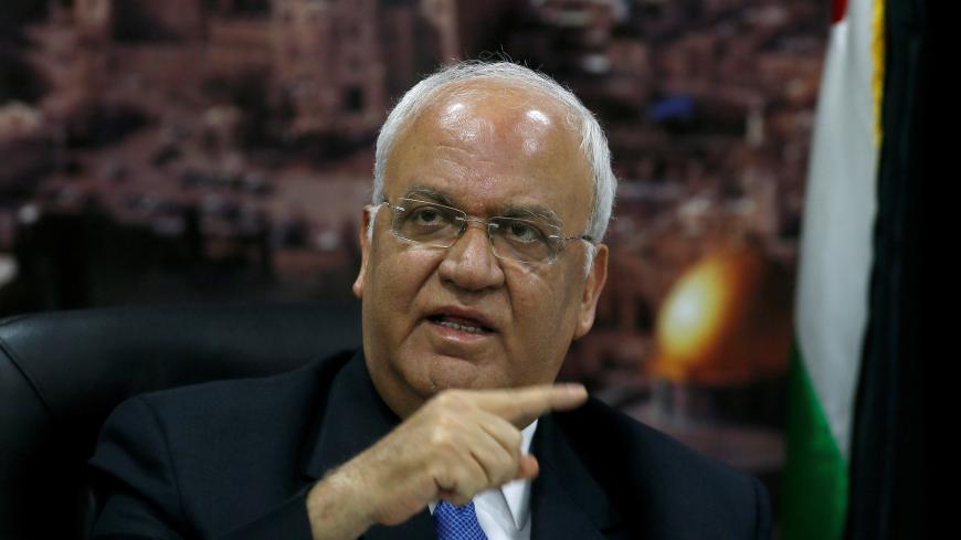 Chief Palestinian negotiator Saeb Erekat gestures during a news conference in Ramallah in the occupied West Bank June 24, 2018. REUTERS/Mohamad Torokman - RC15419D1D30