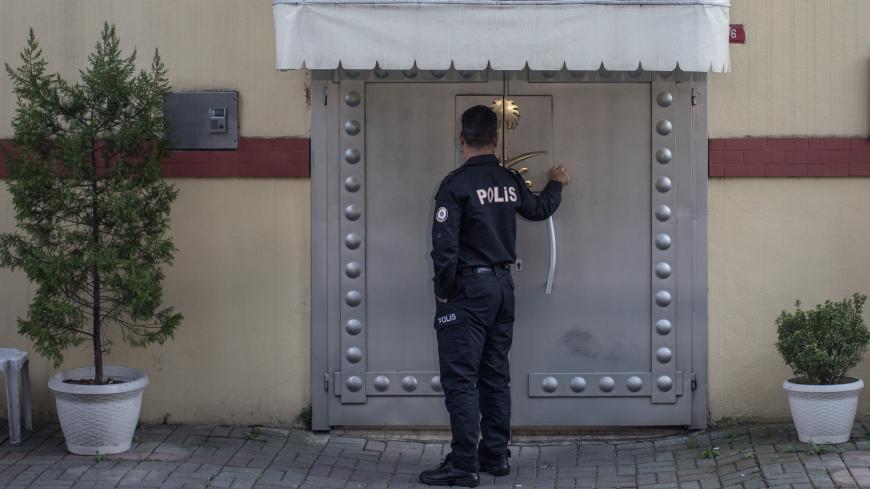 ISTANBUL, TURKEY - OCTOBER 10:  A police officer providing security waits at the front door of Saudi Arabia's  consulate on October 10, 2018 in Istanbul, Turkey. Fears are growing over the fate of missing journalist Jamal Khashoggi after Turkish officials said they believe he was murdered inside the Saudi consulate. Saudi consulate officials have said that missing writer and Saudi critic Jamal Khashoggi went missing after leaving the consulate, however the statement directly contradicts other sources includ