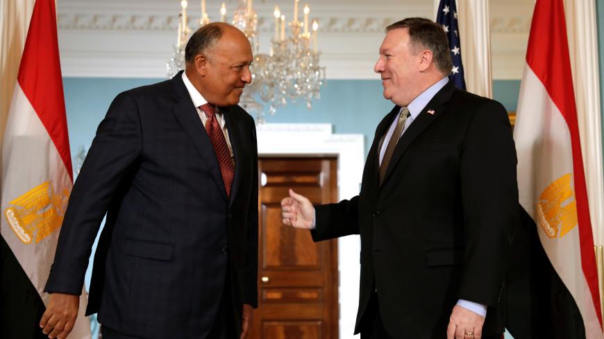U.S. Secretary of State Mike Pompeo and Egyptian Foreign Minister Sameh Shoukry face reporters before their meeting at the State Department in Washington, U.S., August 8, 2018. REUTERS/Yuri Gripas - RC1E1408CCB0