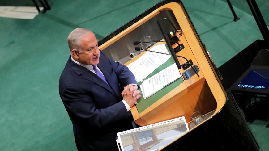 Israeli Prime Minister Benjamin Netanyahu addresses the 73rd session of the United Nations General Assembly at U.N. headquarters in New York, U.S., September 27, 2018. REUTERS/Caitlin Ochs - RC14C044A080