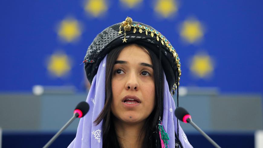 Nadia Murad Basee Taha adresses the European Parliament during an award ceremony for the 2016 Sakharov Prize at the European Parliament in Strasbourg, France, December 13, 2016. Murad Basee Taha received the prize with Lamiya Aji Bashar (not pictured), both Iraqi women of the Yazidi faith.  REUTERS/Vincent Kessler - RC1F7E7163D0