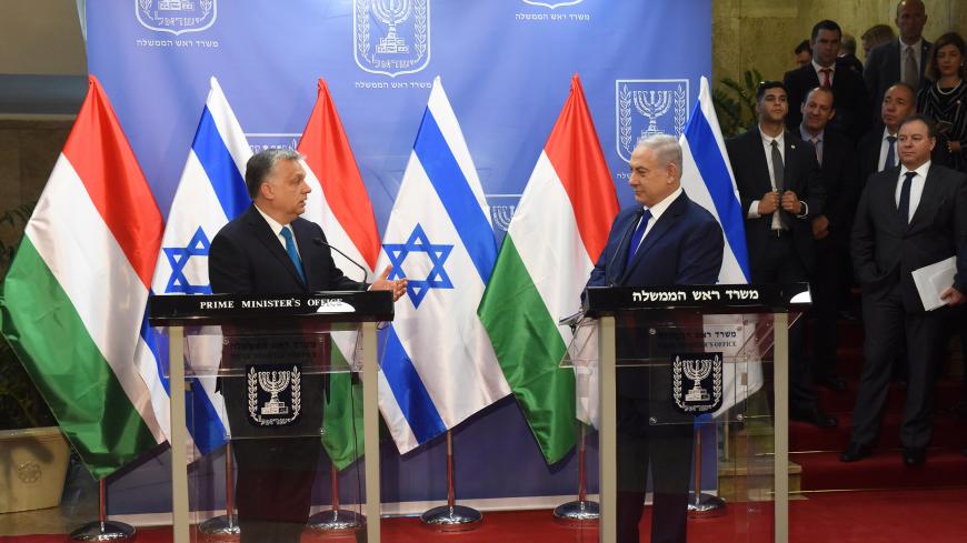 Hungarian Prime Minister Viktor Orban speaks during a joint statment with Israeli Prime Minister Benjamin Netanyahu, at the prime minister's office in Jerusalem,  July 19, 2018.  Debbie Hill/Pool via Reuters - RC13AF3278D0