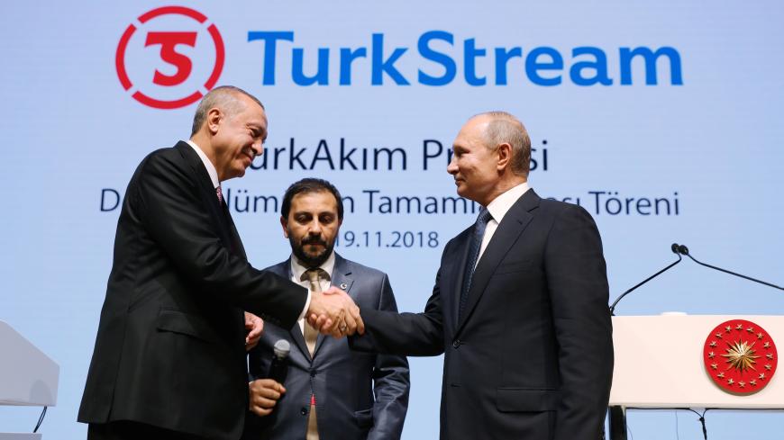 Russian President Vladimir Putin (R) shakes hands with his Turkish counterpart Tayyip Erdogan during a ceremony to mark the completion of the sea part of the TurkStream gas pipeline, in Istanbul, Turkey November 19, 2018. Sputnik/Mikhail Klimentyev/Kremlin via REUTERS  ATTENTION EDITORS - THIS IMAGE WAS PROVIDED BY A THIRD PARTY. - RC195773B7D0