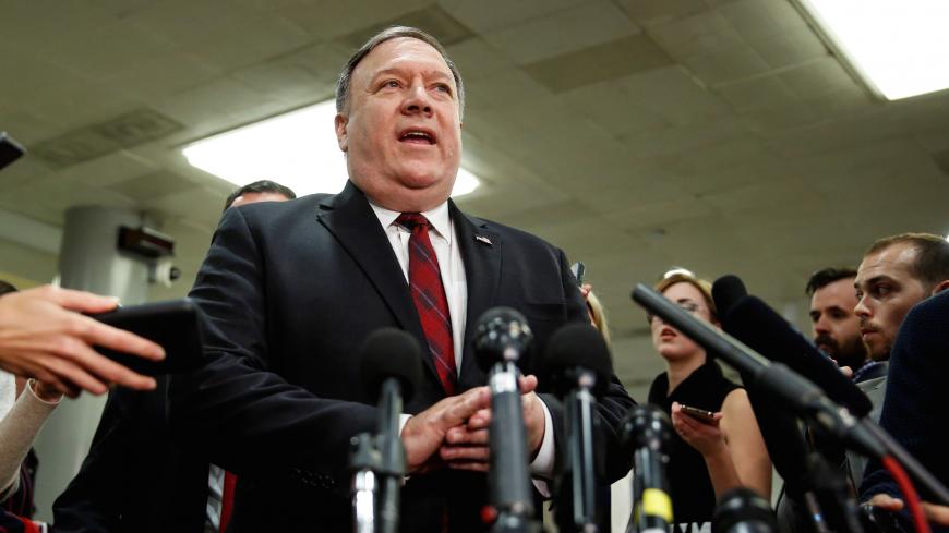 U.S. Secretary of State Mike Pompeo speaks to the media after a closed briefing for senators about the latest developments related to the death of Saudi journalist Jamal Khashoggi on Capitol Hill in Washington, U.S., November 28, 2018.      REUTERS/Joshua Roberts - RC151380CF00