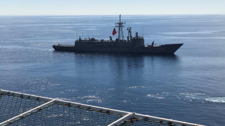 Turkish Navy frigate Gaziantep escorts drilling vessel Fatih off the Mediterranean resort city of Antalya, Turkey October 30, 2018. REUTERS/Can Sezer - RC13CFEF2A80