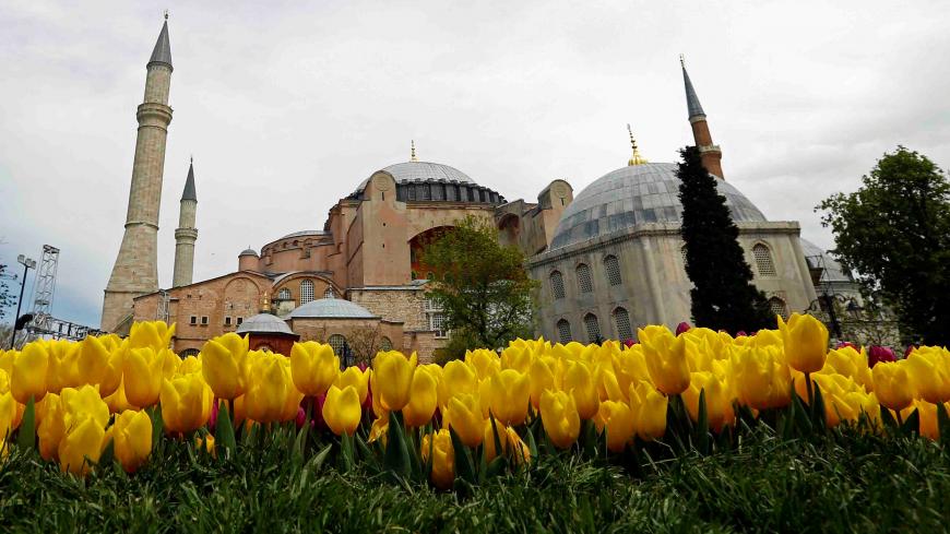 Tulips, with the Byzantine-era monument of Hagia Sophia in the background, are pictured at Sultanahmet square during the 12th Tulip Festival in Istanbul, Turkey, April 22, 2017. REUTERS/Murad Sezer - RC1886DA2540