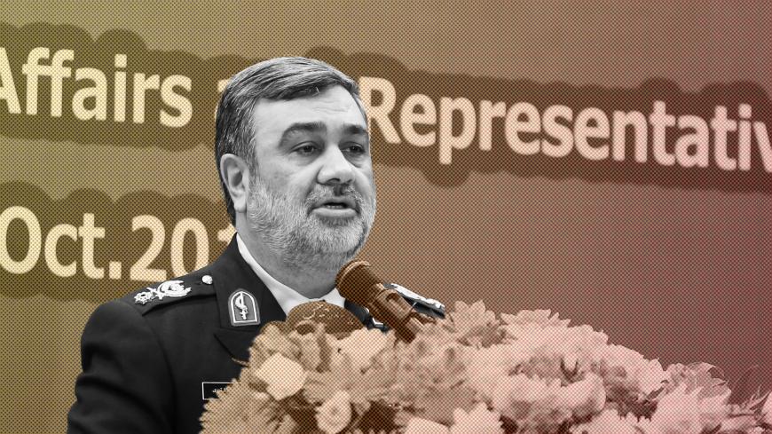 Brigadier-General Hossein Ashtari, the chief commander of the Islamic Republic's police force, addresses  ambassadors and representatives of international organisations based in Tehran on October 10, 2018. - Ashtari called for further international cooperation for fighting terrorism, drug trafficking and cyber crimes. (Photo by ATTA KENARE / AFP)        (Photo credit should read ATTA KENARE/AFP/Getty Images)
