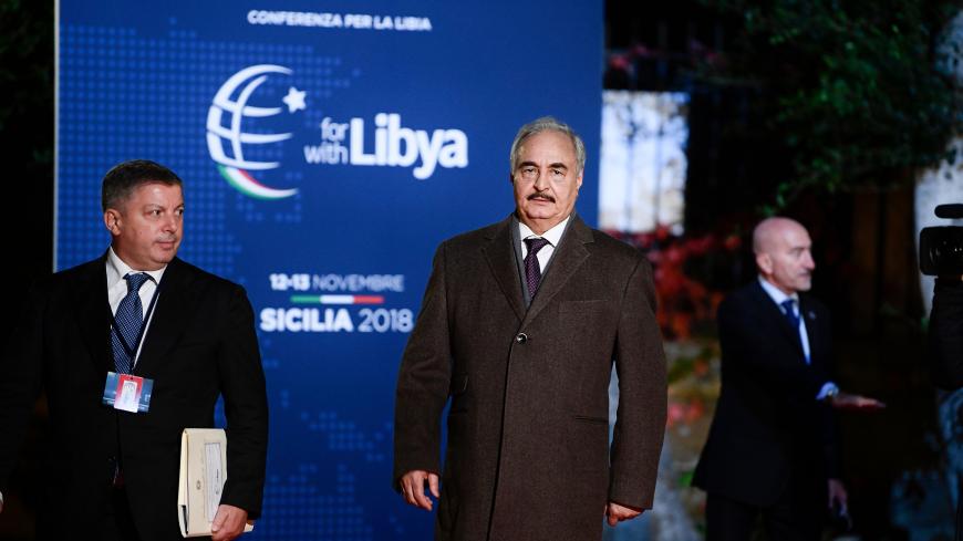 Self-proclaimed Libyan National Army (LNA) Chief of Staff, Khalifa Haftar arrives for a conference on Libya on November 12, 2018 at Villa Igiea in Palermo. - Libya's key political players meet with global leaders in Palermo on November 12 in the latest bid by major powers to kickstart a long-stalled political process and trigger elections. (Photo by Filippo MONTEFORTE / AFP)        (Photo credit should read FILIPPO MONTEFORTE/AFP/Getty Images)