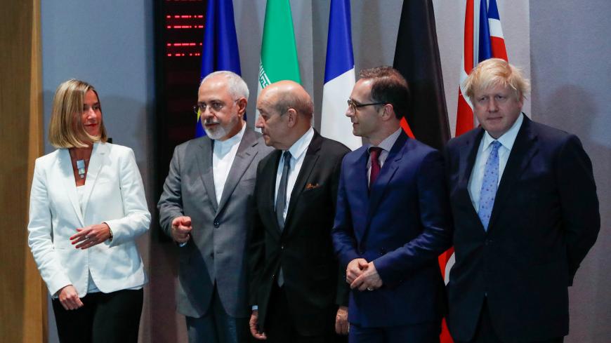 Britain's Foreign Secretary Boris Johnson, German Foreign Minister Heiko Maas, French Foreign Minister Jean-Yves Le Drian and EU High Representative for Foreign Affairs Federica Mogherini take part in meeting with Iran's Foreign Minister Mohammad Javad Zarif in Brussels, Belgium, May 15, 2018.  REUTERS/Yves Herman/Pool - RC125F8132B0