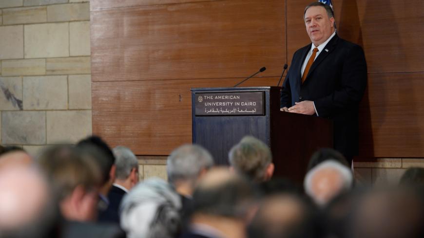 U.S. Secretary of State Mike Pompeo speaks to students at the American University in Cairo, Egypt, January 10, 2019. Andrew Caballero-Reynolds/Pool via REUTERS - RC1AF87FE9C0