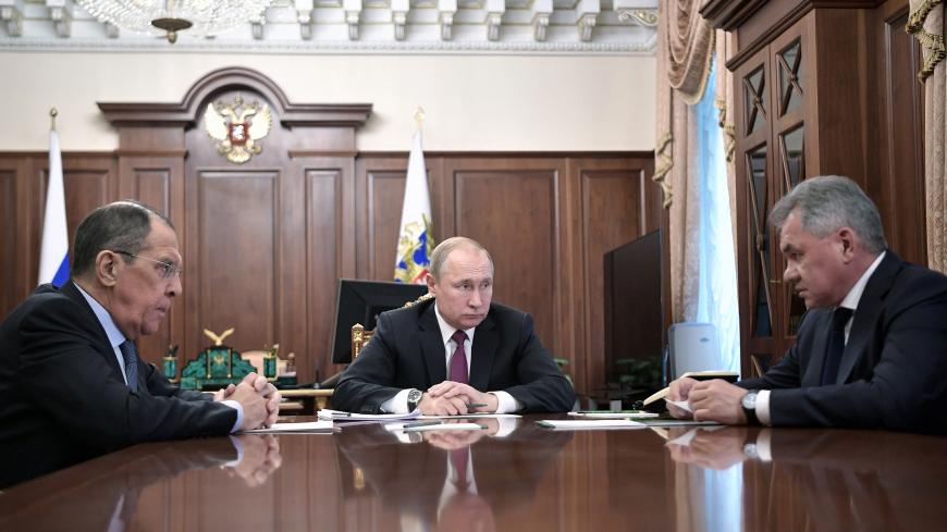 Russian President Vladimir Putin meets with Defence Minister Sergei Shoigu and Foreign Minister Sergei Lavrov at the Kremlin in Moscow, Russia, February 2, 2019. Sputnik/Alexei Nikolsky/Kremlin via REUTERS ATTENTION EDITORS - THIS IMAGE WAS PROVIDED BY A THIRD PARTY. - RC16B8CB93F0