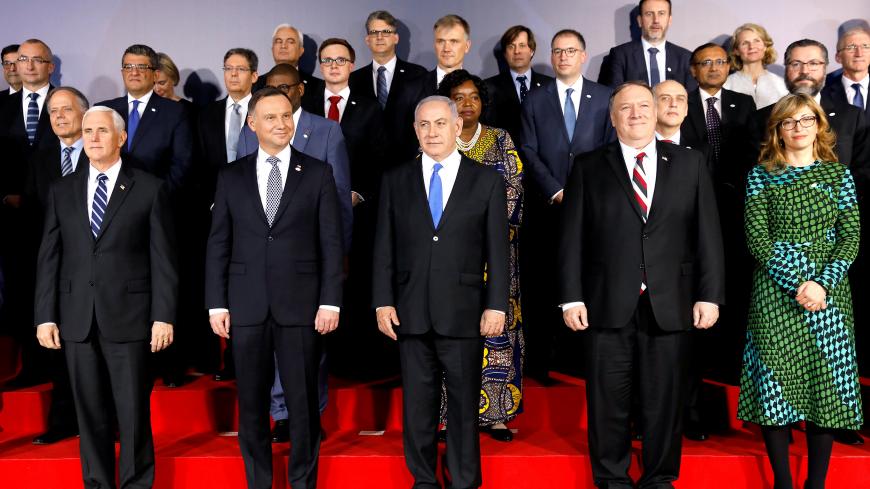 U.S. Vice President Mike Pence, Polish President Andrzej Duda, Israeli Prime Minister Benjamin Netanyahu, U.S. Secretary of State Mike Pompeo and Ekaterina Zaharieva, Bulgaria's deputy Prime Minister for Judicial Reform and Minister of Foreign Affairs pose for family photo at the Middle East conference at the Royal Castle in Warsaw, Poland, February 13, 2019. REUTERS/Kacper Pempel - RC15EF32E9B0