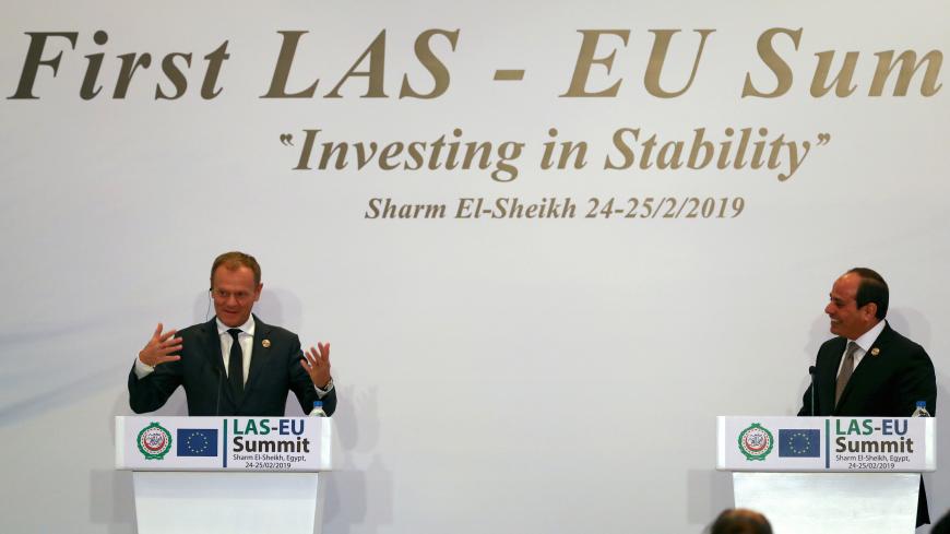 European Council President Donald Tusk and Abdel Fattah el-Sisi, President of Egypt, attend a news conference during a summit between Arab league and European Union member states, in the Red Sea resort of Sharm el-Sheikh, Egypt, February 25, 2019. REUTERS/Mohamed Abd El Ghany - RC1E39420620
