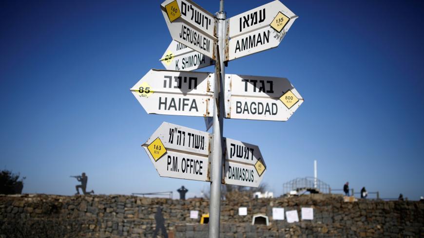 A signpost pointing out distances to different cities is seen on Mount Bental, an observation post in the Israeli-occupied Golan Heights that overlooks the Syrian side of the Quneitra crossing, Israel  January 21, 2019. REUTERS/Amir Cohen - RC15E9AC5010