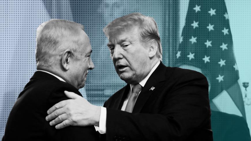 U.S. President Donald Trump embraces Israel's Prime Minister Benjamin Netanyahu during a ceremony to sign a proclamation recognizing Israel's sovereignty over the Golan Heights in the Diplomatic Reception Room at the White House in Washington, U.S., March 25, 2019. REUTERS/Carlos Barria - RC1ADDE53E00