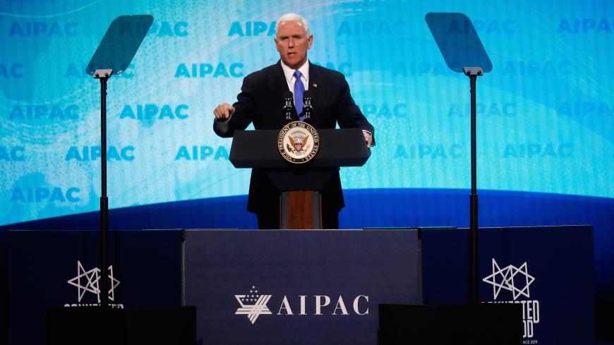 U.S. Vice President Mike Pence speaks at AIPAC in Washington, U.S., March 25, 2019. REUTERS/Kevin Lamarque - RC1778DF0FD0