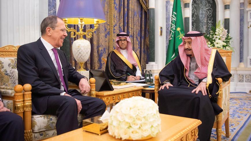 Saudi Arabia's King Salman bin Abdulaziz meets with Russia's Foreign Minister Sergei Lavrov in Riyadh, Saudi Arabia March 5, 2019. Bandar Algaloud/Courtesy of Saudi Royal Court/Handout via REUTERS ATTENTION EDITORS - THIS PICTURE WAS PROVIDED BY A THIRD PARTY. - RC13B1B19C40