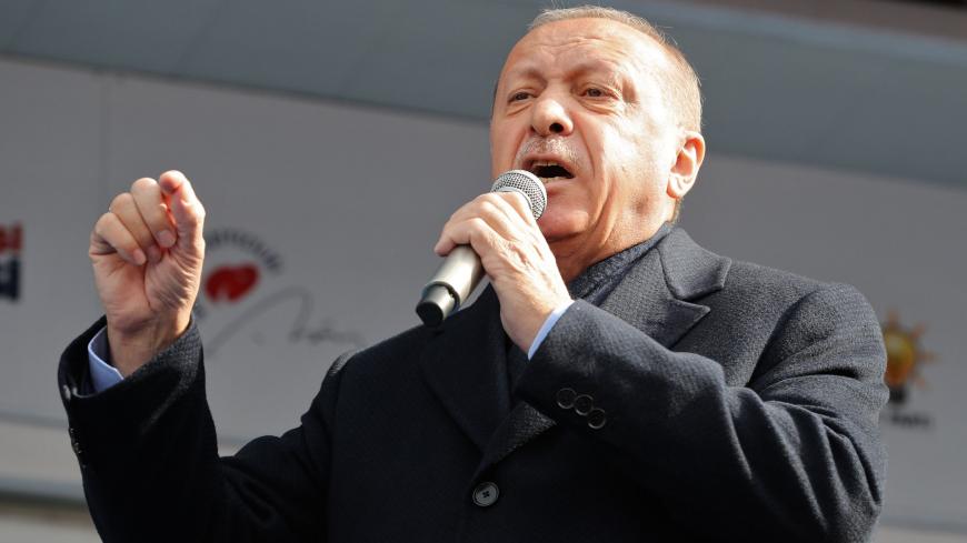Turkish President Recep Tayyip Erdogan speaks during a rally of Justice and Development Party (AK Party) as part of the local election campaign in Ankara, Turkey, on March 28, 2019. - Local elections in Turkey's capital and the country's overall 81 provinces are scheduled for March 31, 2019. (Photo by Adem ALTAN / AFP)        (Photo credit should read ADEM ALTAN/AFP/Getty Images)