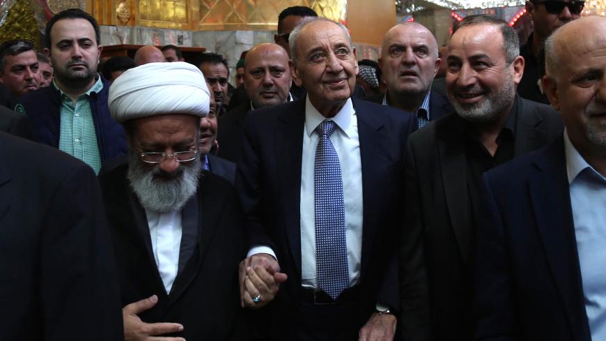 Lebanese Parliament Speaker Nabih Berri (C) visits the shrine of Imam al-Abbas in the central Iraqi holy city of Karbala on April 2, 2019. (Photo by Mohammed SAWAF / AFP)        (Photo credit should read MOHAMMED SAWAF/AFP/Getty Images)