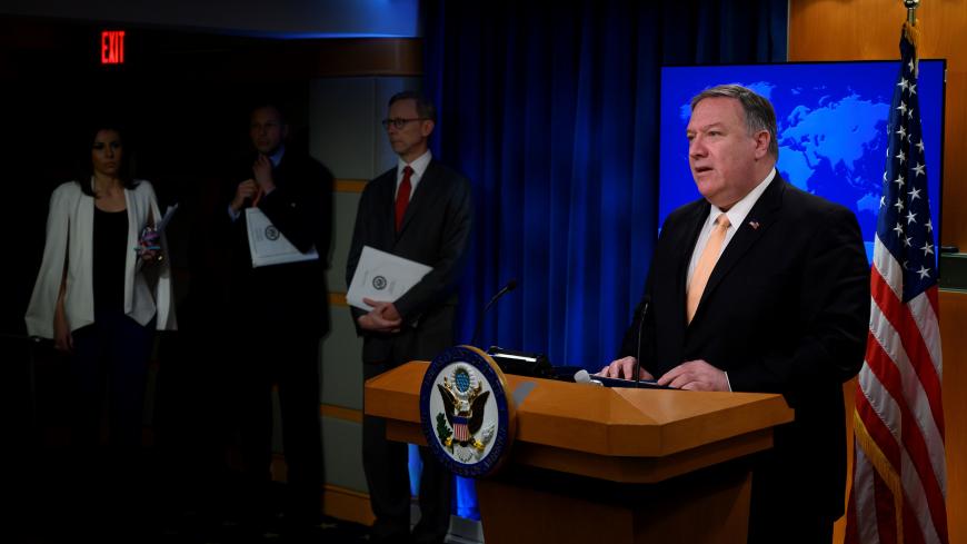 US Secretary of State Mike Pompeo speaks during a press conference at the US Department of State in Washington, DC on April 22, 2019. - The United States announced on Monday it will no longer grant sanctions exemptions to Iran's oil customers, potentially punishing allies such as India as it tries to squeeze Tehran's top export. (Photo by ANDREW CABALLERO-REYNOLDS / AFP)        (Photo credit should read ANDREW CABALLERO-REYNOLDS/AFP/Getty Images)