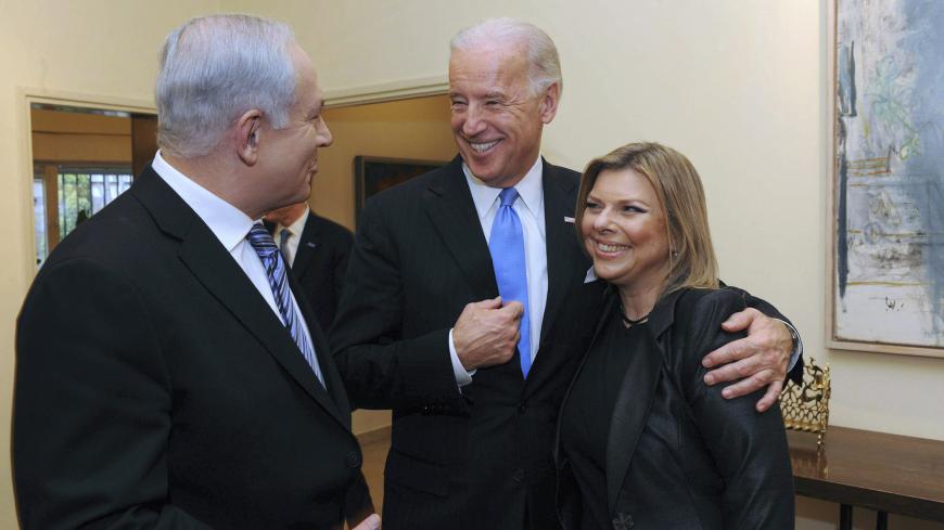Israel's Prime Minister Benjamin Netanyahu (L) and his wife Sara stand with U.S. Vice President Joe Biden (C) in Jerusalem March 9, 2010, in this picture released by the Israeli Government Press Office (GPO). Biden assured Israel on Tuesday of Washington's commitment to its security and preventing Iran from producing nuclear weapons. REUTERS/Avi Ohayon/GPO/Handout (JERUSALEM - Tags: POLITICS) FOR EDITORIAL USE ONLY. NOT FOR SALE FOR MARKETING OR ADVERTISING CAMPAIGNS. ISRAEL OUT. NO COMMERCIAL OR EDITORIAL 