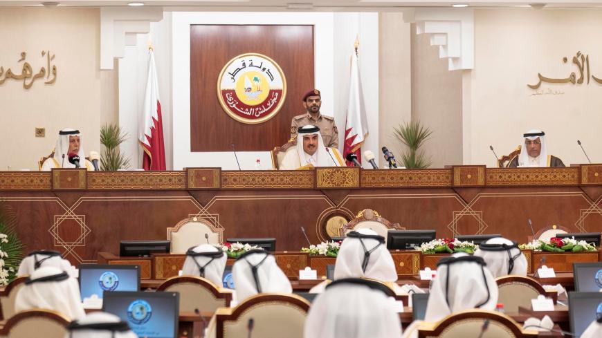 Qatar's Emir Sheikh Tamim bin Hamad al-Thani speaks to the country's consultative Shoura council in Doha, Qatar, November 6, 2018.  Qatar News Agency/Handout via REUTERS ATTENTION EDITORS - THIS PICTURE WAS PROVIDED BY A THIRD PARTY. - RC1FF5F57E20