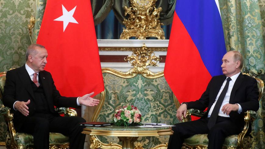 Russian President Vladimir Putin speaks with Turkish President Tayyip Erdogan during their meeting in the Kremlin in Moscow, Russia, 8 April 2019. Maxim Shipenkov/Pool via REUTERS - RC1D77CA39C0