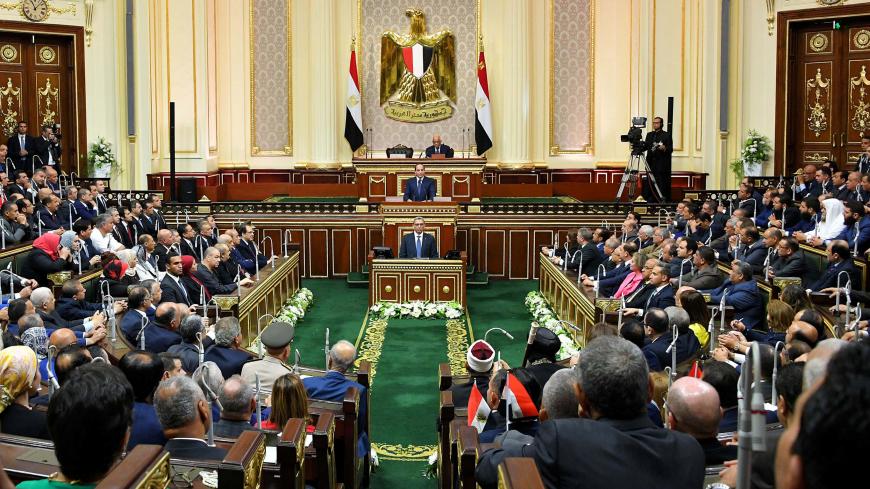 Egyptian President Abdel Fattah Al Sisi speaks at his swearing-in of the second presidential term, at a ceremony, at the House of Representatives in Cairo, Egypt, June 2, 2018 in this handout picture courtesy of the Egyptian Presidency. The Egyptian Presidency/Handout via REUTERS ATTENTION EDITORS - THIS IMAGE WAS PROVIDED BY A THIRD PARTY - RC1A0126D280