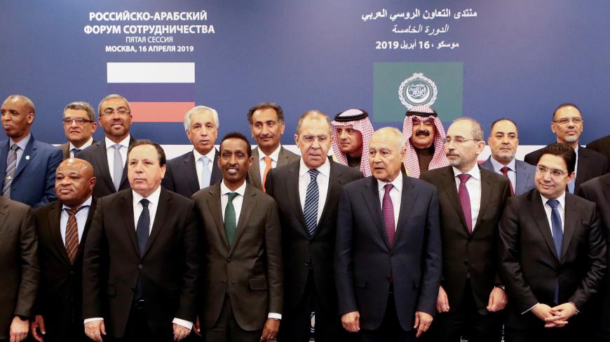 Russia's Foreign Minister Sergei Lavrov (4th R, front) and Arab League's Secretary General Ahmed Aboul Gheit (3rd R, front) and other participants of the talks pose for a picture in Moscow, Russia April 16, 2019. REUTERS/Shamil Zhumatov - RC16F50591A0