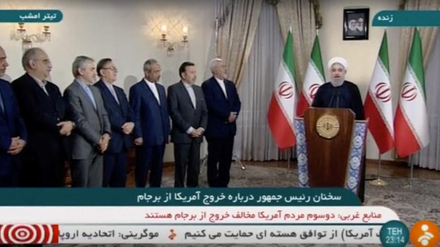 Iran's President Hassan Rouhani speaks about the nuclear deal in Tehran, Iran May 8, 2018 in this still image taken from video. IRINN/Reuters TV via REUTERS ATTENTION EDITORS - THIS IMAGE WAS PROVIDED BY A THIRD PARTY. IRAN OUT. TV RESTRICTIONS: BROADCASTERS: No Use Iran. No Use BBC Persian. No Use Manoto. No Use VOA Persian. DIGITAL: No Use Iran. No Use BBC Persian. No Use Manoto. No Use VOA Persian. For Reuters customers only. - RC1F80659CA0